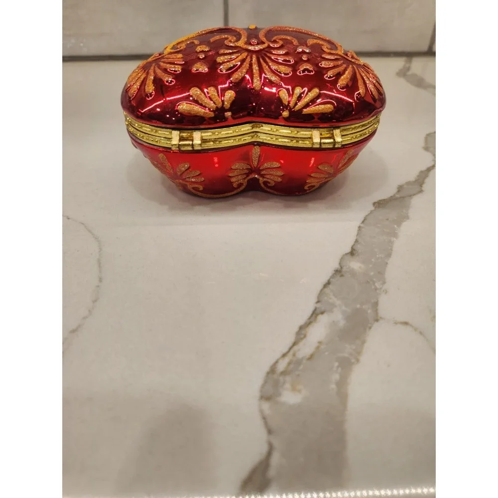 Vintage Christopher Radko Red Gold Glitter‎ Heart Hinged Trinket Box Jewelry Box